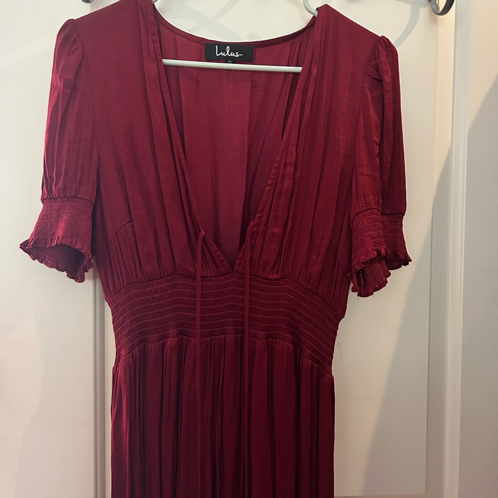 Lulu's red silky sheer dress with tie in front